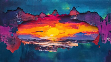 Wall Mural - vibrant sunset through torn canvas abstract art scene joyful atmosphere colorful environment artisti