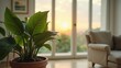 © AiPhotoSale - Green plant thriving in a rustic brown clay pot on a white couch, basking in the warm glow of a sunset through the window