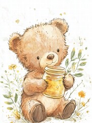 Poster - Cute illustrated bear holding a jar of honey surrounded by flowers in a playful outdoor setting during daytime. Generative AI