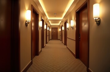 Aufkleber - Empty hotel hallway stretches into distance. Warm light from wall lamps illuminates corridor. Doors to rooms line both sides. Carpeted floor adds to quiet elegance. Interior design modern yet