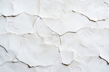 Poster - A close-up view of cracked white plaster, showcasing texture and uneven surfaces, perfect for backgrounds or design elements in architectural projects.