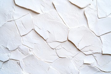 Poster - A close-up view of a textured white plaster wall, showcasing various cracked patterns and layers. Ideal for backgrounds or artistic projects requiring a minimalist aesthetic.