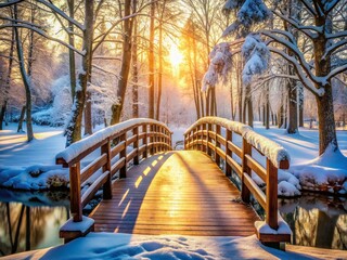 Poster - Snowy Wooden Bridge in Winter Park - Serene Landscape Photography