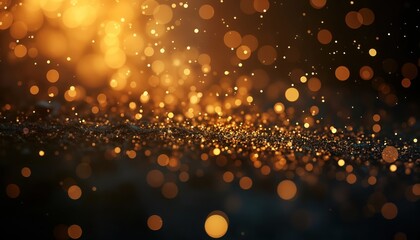 Poster - Golden glitter sparkles fall on dark surface. Abstract bokeh lights create beautiful effect. Luxurious, elegant background. Perfect for festive occasions like New Year Christmas. Suitable for website