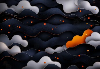 Poster - Abstract digital artwork featuring flowing waves of black, gray, and orange tones against a starry background, perfect for creative projects and visual storytelling.