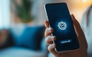 Poster - A close-up of a smartphone displaying a power-off screen. The hand holds the device, showcasing modern technology and user engagement in daily life.