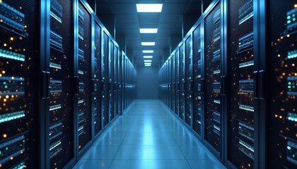 Poster - Secure data warehouse interior. Rows of dark server cabinets line pathway. Modern tech facility. Blue lighting highlights advanced tech. Automated systems. Futuristic tech. Digital encryption,