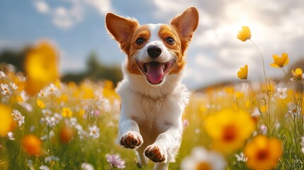 Wall Mural - Portrait of a cute Jack Russell Terrier in the field of flowers