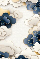 Poster - A modern graphic design featuring layered cloud shapes in shades of blue, white, and gold. Perfect for backgrounds and creative projects, evoking a serene and artistic atmosphere.