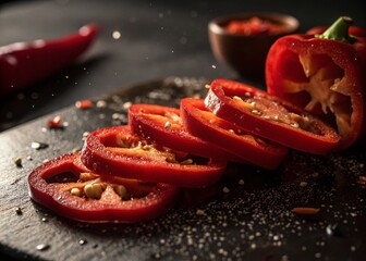 Wall Mural - Spicy Red Chili Pepper Slices Low Light Photography - Vibrant Food Stock Photo