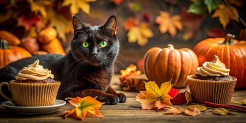 Wall Mural - Spooky Cute Black Cat with Halloween Treats - Gourmet Food Photography