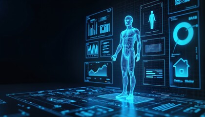Aufkleber - Futuristic health tech interface displays 3D human model. Data visualizations, graphs cover background. Advanced medical analysis. Futuristic tech. Medical analysis in progress. Abstract anatomy