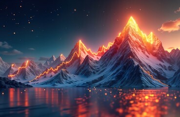 Aufkleber - Mountain peaks glow with digital graph chart lines showing strong market growth. Sunrise reflects on calm lake. Powerful graphic representing success in stock trading. Business growth concept. Modern