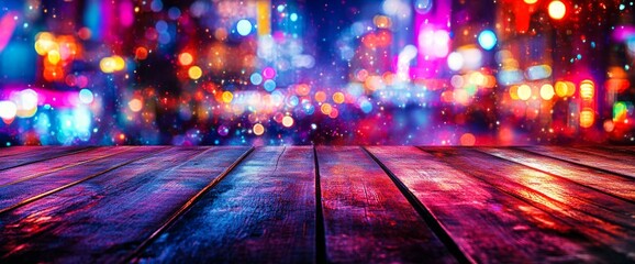 Wall Mural - A table positioned at the top with a blurred restaurant background, along with a long wooden table and a blurred bokeh of a night street scene