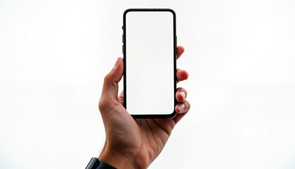 Poster - Person holds modern smartphone. Hand holds device. Blank screen displays tech. Photo shows tech product. Simple tech image. Versatile. Image useful for marketing modern gadget. Smart tech image.