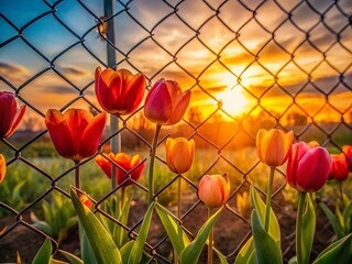 Wall Mural - Spring Tulips Silhouette Behind Wire Fence -  Dramatic Sunset Backlit Floral Photography