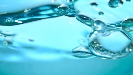Poster - Pristine water droplets cascading into azure liquid, generating intricate ripples, bubbling dynamics, and delicate surface splashes with mesmerizing visual complexity
