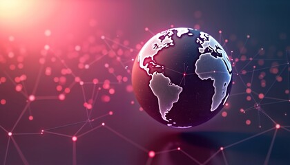Aufkleber - Global illustration shows earth with highlighted continents. Modern design. Connected lines create digital network effect on abstract pink, purple gradient background. Image evokes global