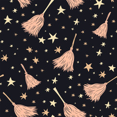 Witch seamless pattern. Elements for witches at school of magic in doodle style on dark background - pink flying broom, stars, polka dots for girls. Minimalistic halloween pattern on white background