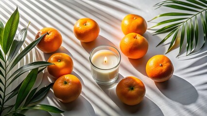 Wall Mural - Still Life Photography: Tangerines, Candle, Palm Shadow - Flat Lay