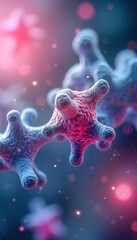 Poster - Abstract vibrant pink, blue molecular structures visualized. Complex organic structures in solution. Scientific research. Biotechnology visualization. Molecular synthesis. Modern tech in biological