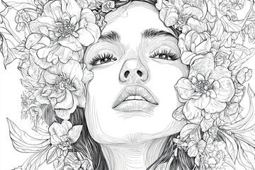 Wall Mural - The image is a detailed black-and-white illustration featuring a person with long hair adorned with numerous flowers and leaves