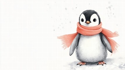 Poster - Cute penguin wearing a warm scarf stands against a snowy background, capturing the essence of winters chill and charm. Generative AI