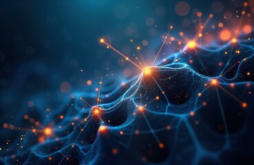 Aufkleber - Abstract illustration of neural network, brain synapses. Blue, orange shades create vibrant, complex interconnected pathways. Synergistic energy flows. Network complexity, brain connectivity,