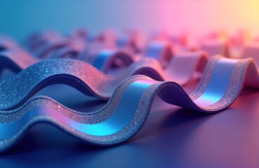 Poster - Abstract wavy ribbons in gradient blue, purple background. Elegant curves, dynamic shapes create surreal 3D effect. Colorful, vibrant colors create visually appealing design. Smooth textures,