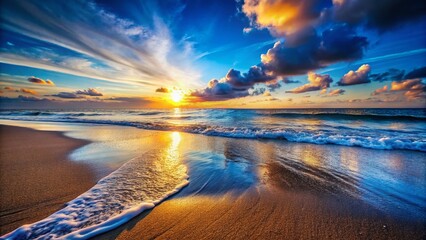 Wall Mural - Stunning Ocean Sunset, Sandy Beach Line, High-Resolution Stock Photo