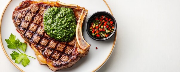 A ribeye steak with chimichurri sauce, Argentinian style, vibrant green sauce on top of juicy steak, isolated on white background