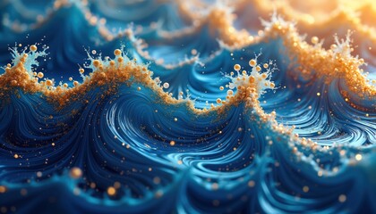 Poster - Abstract wavy blue background with gold particles. Dynamic flowing design. Luxury, modern aesthetic. Elegant pattern. Creative background wallpaper. Seamless design. Water fluid flowing movement.