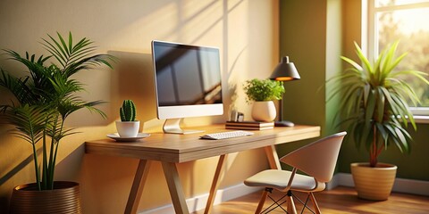 Wall Mural - Stylish Modern Workplace: Beige Wall, Desk, Computer, Tilt-Shift Photography