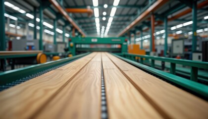 Aufkleber - Wooden planks move on conveyor belt in factory. Manufacturing process of laminate flooring parquet. Industrial interior with machinery. Natural wood grain visible on surface. Light, focused on wood