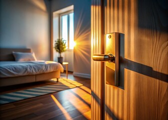 Wall Mural - Sunlit Bedroom Interior with Modern Door Handle Casting Shadows - Stock Photo