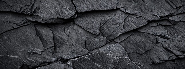 Poster - This image features a close-up view of textured black slate, showcasing its natural patterns and layers. Perfect for backgrounds, design projects, or architectural concepts.