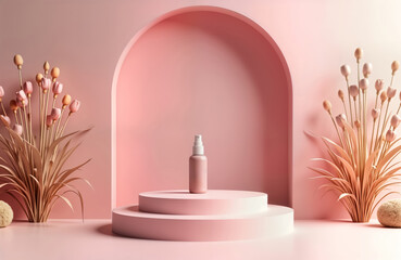 Poster - Minimalist display featuring light pink background, two circular platforms. Empty pink bottle spray sits on upper platform. Floral decorations including light beige, pink flowers add touch of natural