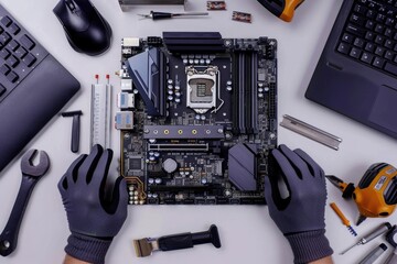 Poster - Technician repairing motherboard with gloves and tools.
