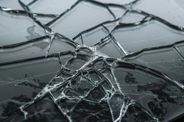 Poster - laptop with a broken screen in cracks on a gray background close up
