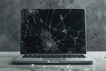 Poster - laptop with a broken screen in cracks on a gray background close up