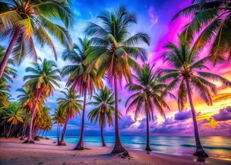 Wall Mural - Surreal Coconut Palm Trees on Tropical Beach - Isolated Background