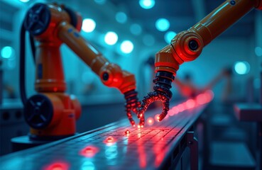 Aufkleber - Modern factory with two robotic arms working on assembly line. Robots handle components precisely. Red lights highlight work area. Blue background provides contrast. Advanced automation evident. Tech