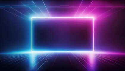Poster - glowing neon rectangular portal in a futuristic digital space with vibrant purple and blue lighting, suitable for technology or sci-fi concepts