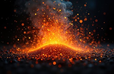 Poster - Fiery sparks explode from mound of molten material against dark backdrop. Abstract fiery particles create dramatic visual effect. Intense heat radiates from center of mound. Powerful energy, intense