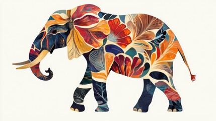 Aufkleber - Colorful illustration of an elephant adorned with floral patterns and vibrant colors in a whimsical style. Generative AI