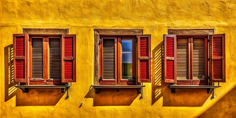 Wall Mural - Surreal Italian Vista: Sun-Drenched Yellow Wall with Open Red-Brown Wooden Shutters and Windows