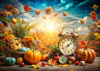 Wall Mural - Surreal Labor Day Festive Background: Whimsical Autumn Harvest Scene with Copy Space