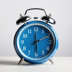 Classic Blue Alarm Clock with Black Bell and Chrome Details. Closeup of Circle Clock with Deadline Hours