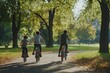 © Vitalii Shkurko - Family members ride their bicycles along a winding path surrounded by lush greenery. Sunlight filters through the trees, creating a warm and inviting atmosphere