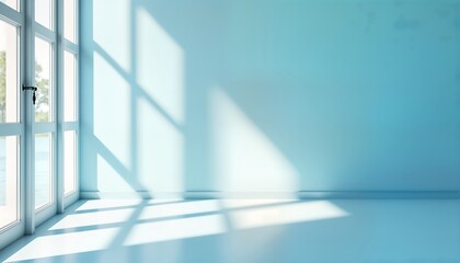 Poster - Empty room with light blue walls, floor. Sunlight streams through window creating soft shadows. Minimalist design for product presentation. Calm, serene atmosphere. Ideal for product service.